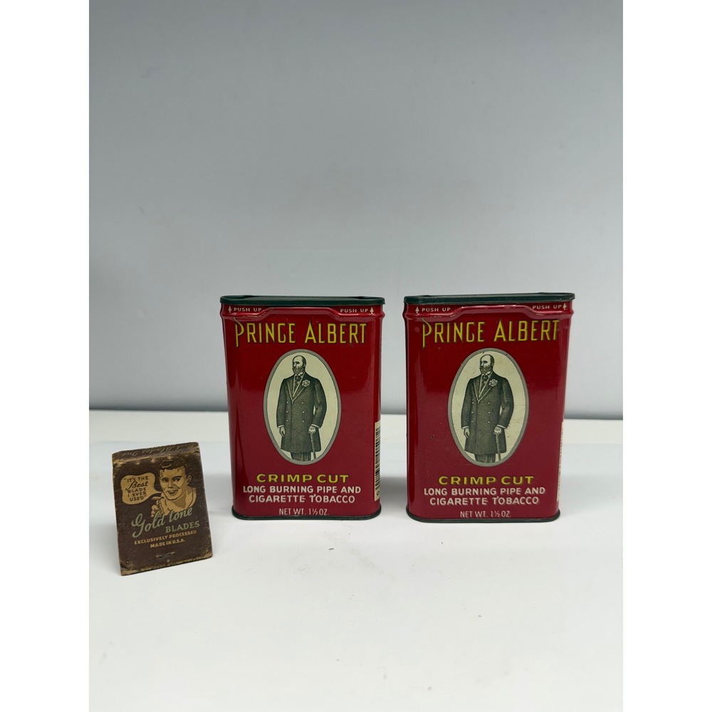 Vintage Prince Albert Tobacco Tins Pair & Gold Tone Blades Matchbook Set